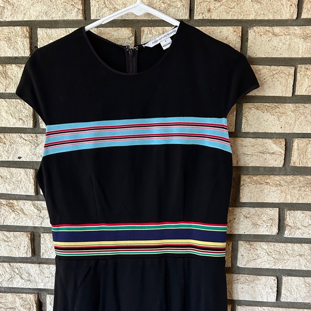 Elegant Black Midi Dress with Colorful Stripes - Picture 3 of 7